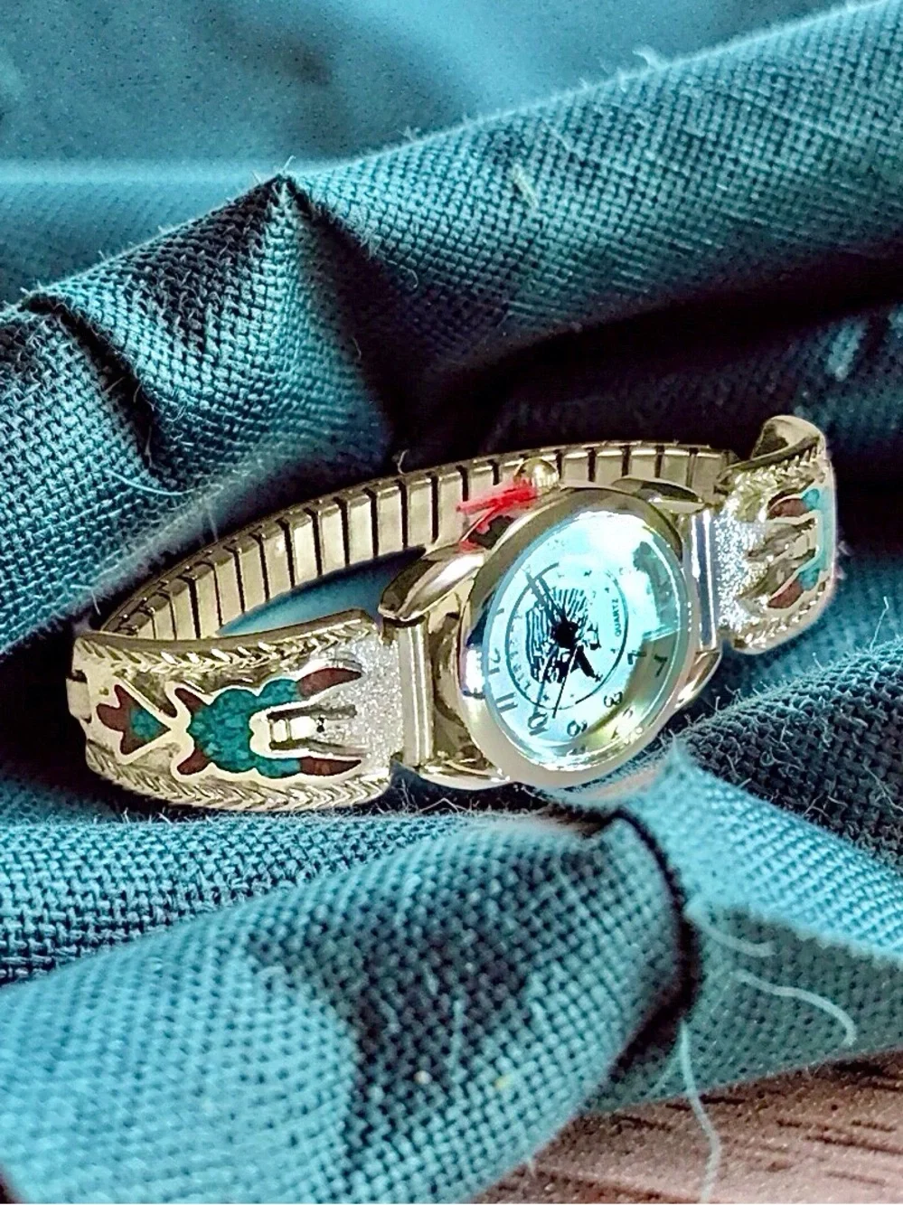 Woman’s Silver Navajo Thunderbird Turquoise/Coral Band Indian Liberty Coin Watch